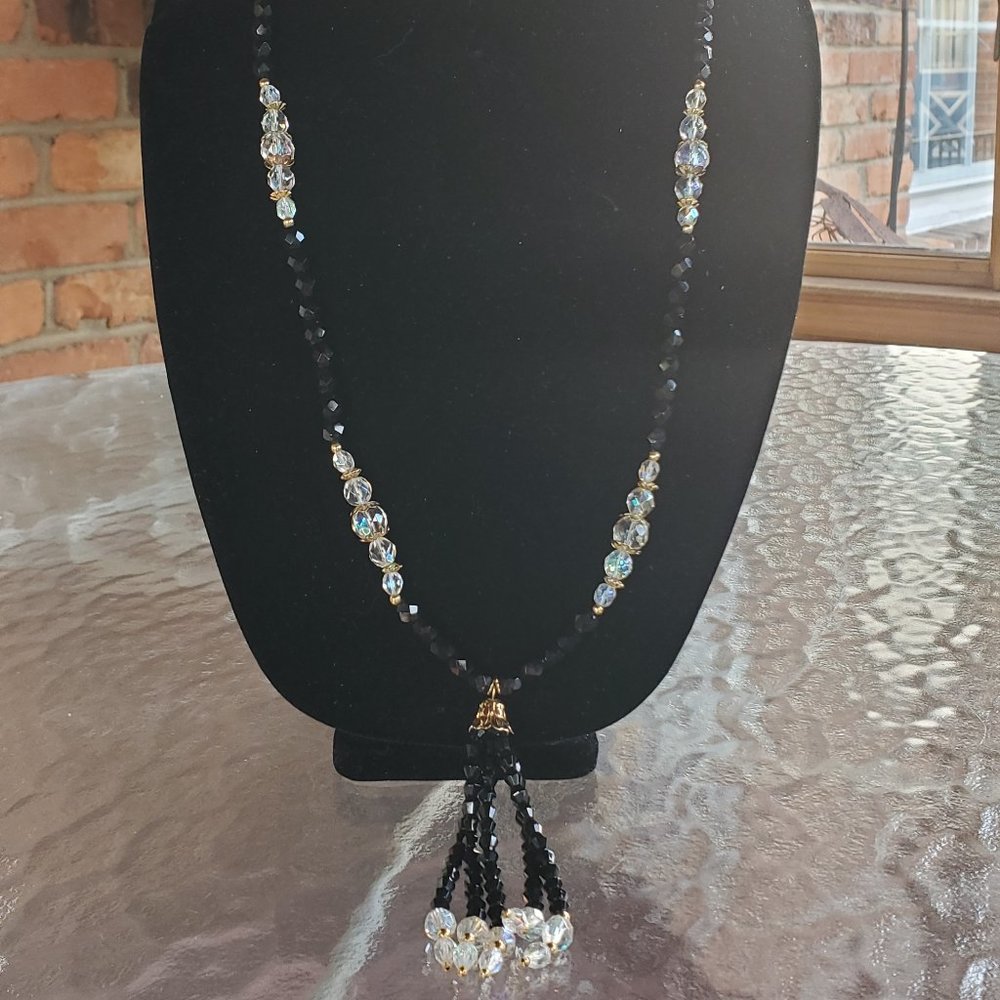 Long Vintage Black, Gold, & Crystal Beaded Necklace.